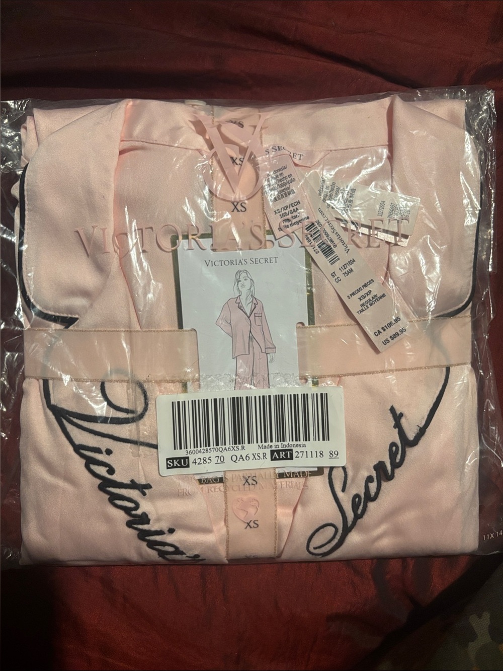 Victoria's Secret Light Pink Satin Pajama Set with Black Trim